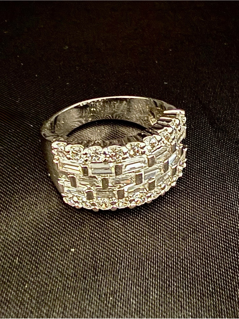 Silver Tone Baguette Rhinestone Wide Band Statement Cocktail Ring Size 8